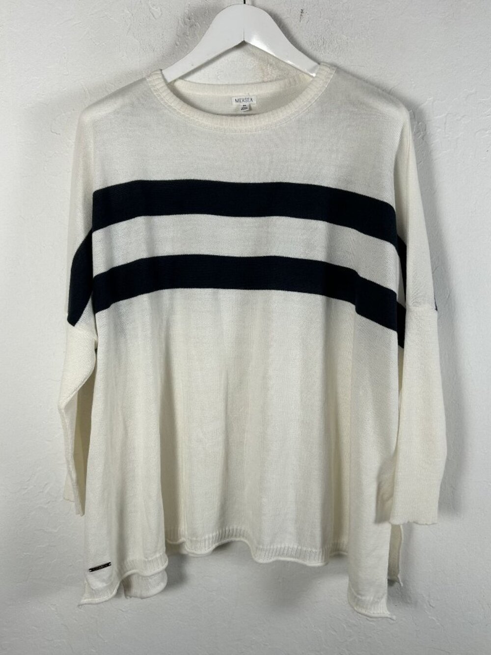 Mersea Women Stripe Fine Knit Sweater White Blue Drop Shoulder Pullover One Size